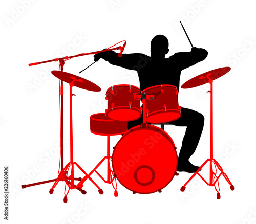 Drummer player vector silhouette. Rock and roll band artist vector silhouette illustration. Musician play drums on stage. Super star music concert show. Great event for fan supporters. 