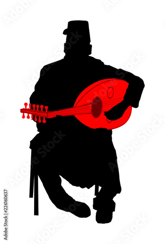 Arab man play oud, lute or mandola vector silhouette, traditional music instrument from Asia. Islamic culture. Musician from middle east. Popular street performer, tourist attraction. Oriental event
