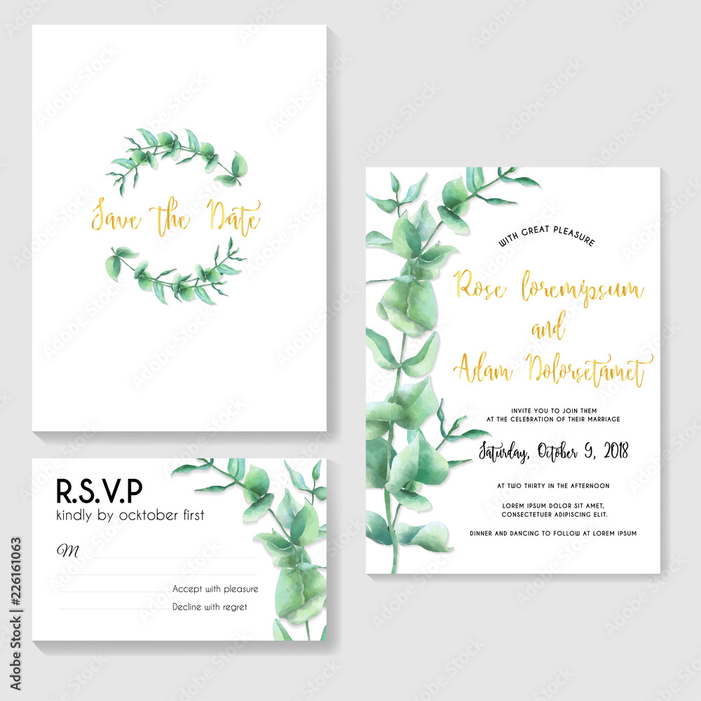 floral wedding invitation set, watercolor leaf