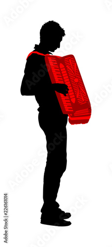 Musician accordion man vector silhouette Illustration isolated on white background. Music event on the public. Street performer amusement public.  Music artist. Jazz man. 