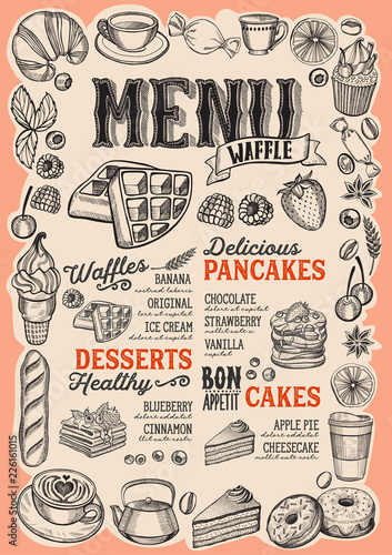 Waffle and pancake menu for restaurant with frame of hand-drawn fruits and sweets.