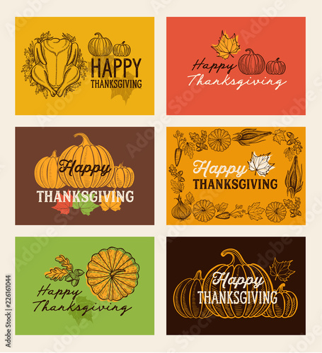 Happy thanksgiving day background with lettering and illustrations.