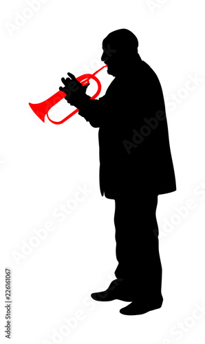 Man with trumpet on stage vector silhouette isolated on white background. Music men. Jazz man. Bugler man street performer.