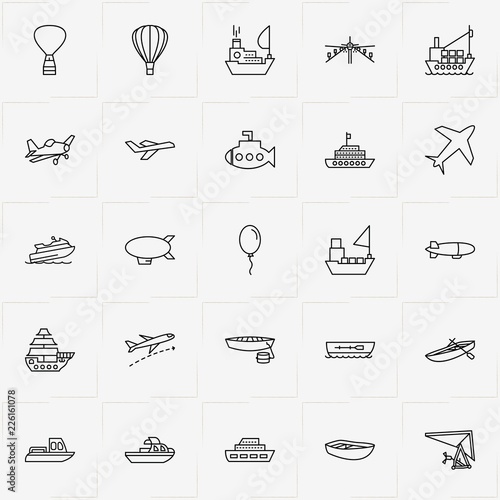 Air And Water Transport line icon set with air balloon, hang glider and ship