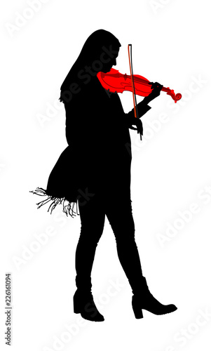 Young woman playing violin vector silhouette isolated on white background. Classic music performer concert. Musician artist amusement public. Virtuoso on violin. Girl plays string instrument.