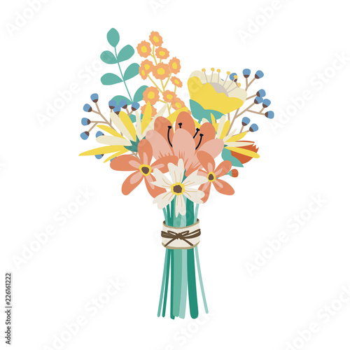 Wedding bouquet with flowers, seeded and silver dollar eucalyptus greenery. Vector illustration,