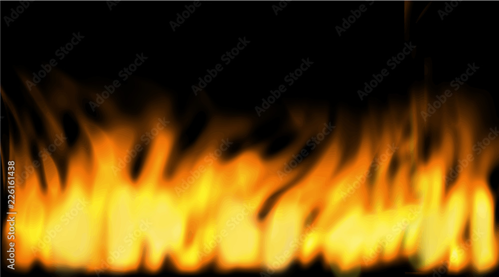 Flames of fire on black background. Abstract realistic vector illustration