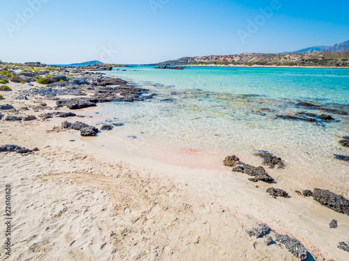 Elafonisi, Crete, Greece, a paradise beach with turquoise water, an island located close to the southwestern corner of the Mediterranean island of Crete, known for its pink sand beaches