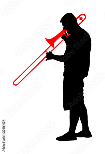 Trombone player vector silhouette illustration. Music man play wind instrument. Music artist. Jazz man. Bugler street performer. Musician play trumpet. Entertainment for public. Classic music event.