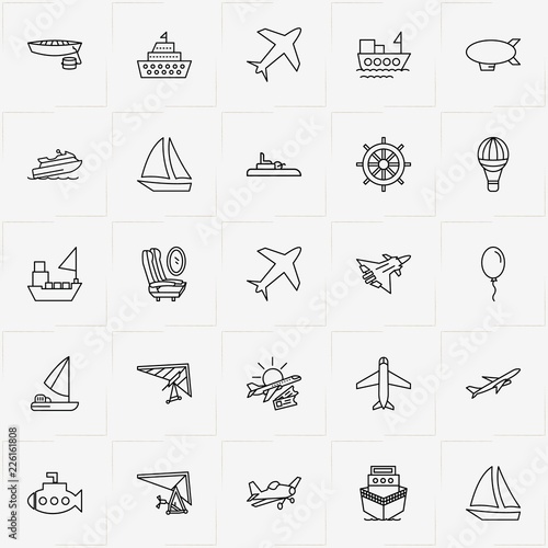 Air And Water Transport line icon set with hang glider, airship and submarine