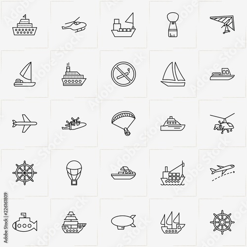 Air And Water Transport line icon set with hand wheel, airplane and hang glider