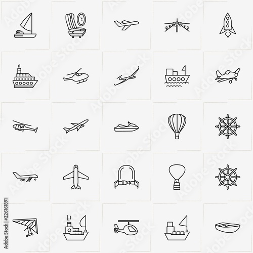 Air And Water Transport line icon set with water scooter, hand wheel and hang glider