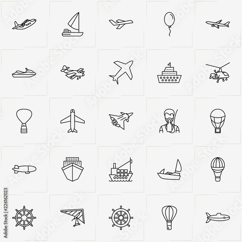 Air And Water Transport line icon set with ship, submarine and water scooter