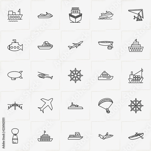 Air And Water Transport line icon set with airship, airstrip and water scooter