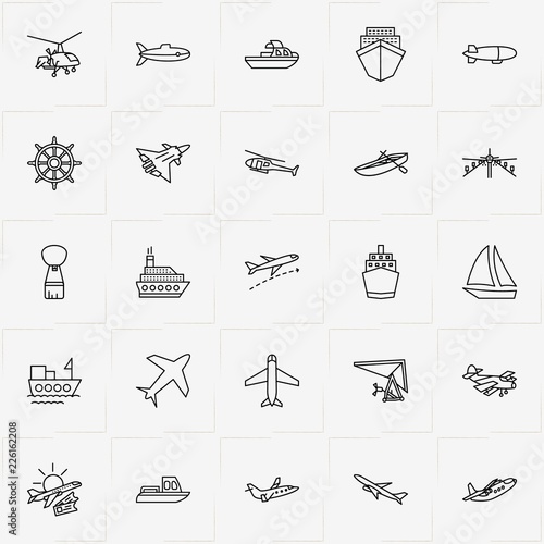 Air And Water Transport line icon set with hang glider, travel and air balloon