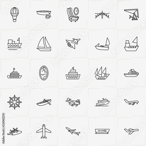Air And Water Transport line icon set with boat, ship and airplane porthole with seats