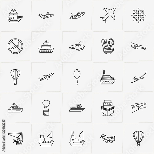 Air And Water Transport line icon set with airplane, yacht and airplane porthole with seats