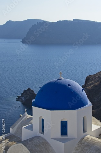 Blue temple's dome in Santorini, Greece