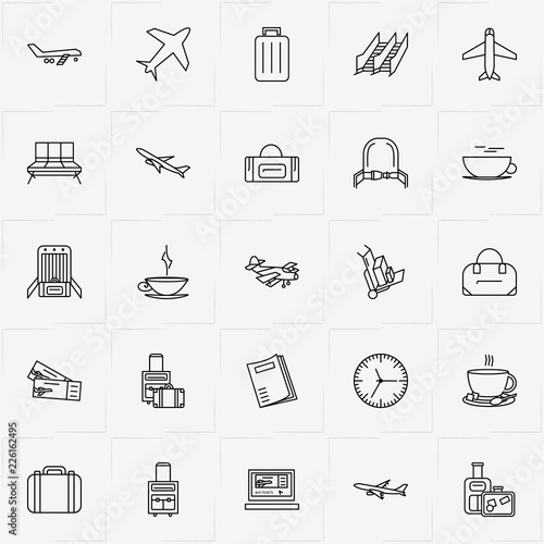 Airport line icon set with safety belt, airplane and brochure