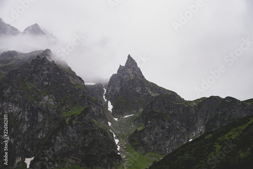 View on Tatra mountains from Morskie Oko, Poland, heavy fog