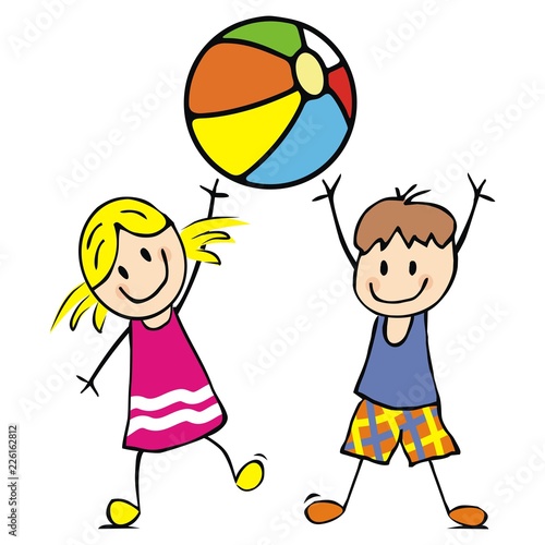 Girl and boy with ball, funny vector illustration