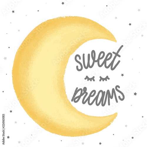 Sweet dreams  - Hand drawn lettering vector for print, textile, decor, poster, card. Illustration with realistic moon.