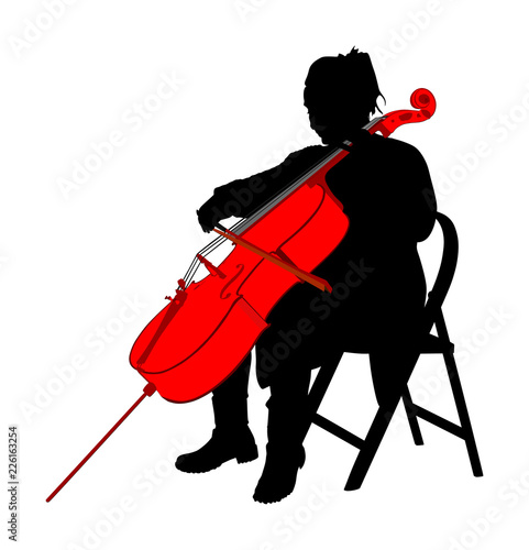Woman cellist siting and playing cello vector silhouette. Music artist girl play string instrument. Jazz woman street performer. Musician play cello. Entertainment for public. Classic music event.