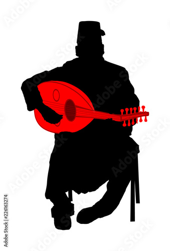 Arab man play oud, lute or mandola vector silhouette, traditional music instrument from Asia. Islamic culture. Musician from middle east. Popular street performer, tourist attraction. Oriental event