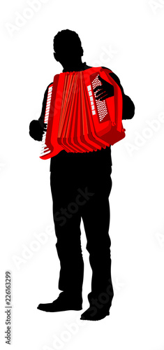 Musician accordion man vector silhouette Illustration isolated on white background. Music event on the public. Street performer amusement public.  Music artist. Jazz man. 