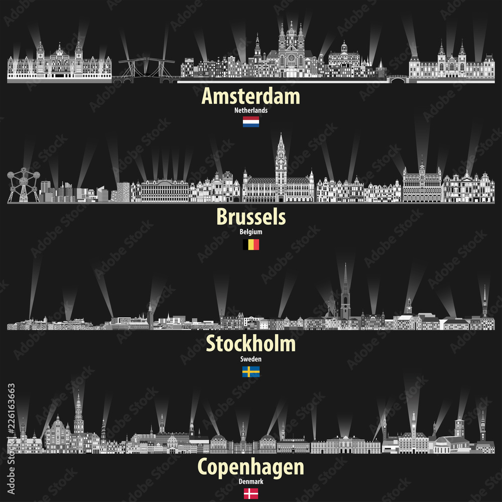 Naklejka premium wektorowe widoki miast Amsterdamu, Brukseli, Sztokholmu i Kopenhagi w czarno-białej palecie kolorów. flagi Holandii, Belgii, Szwecji i Danii