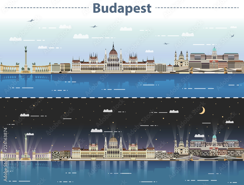 Fototapeta premium ilustracji wektorowych panoramę miasta Budapeszt w dzień iw nocy