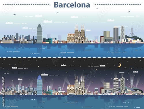 Barcelona cityscape at day and night vector illustration
