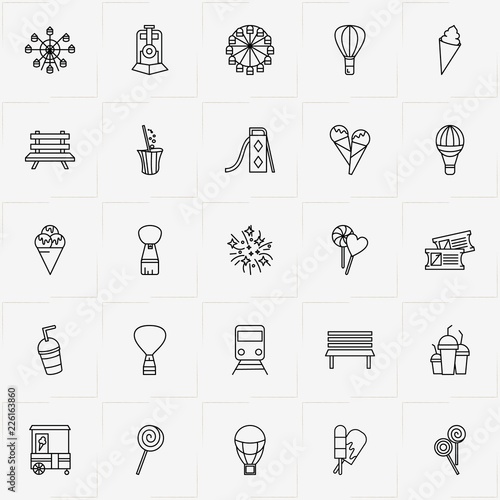 Amusement Park line icon set with ferris wheel, air balloon and tickets
