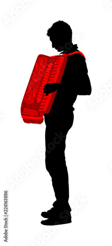 Musician accordion man vector silhouette Illustration isolated on white background. Music event on the public. Street performer amusement public.  Music artist. Jazz man. 