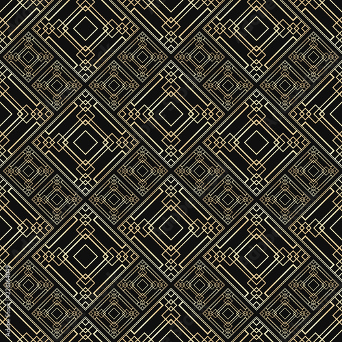 Seamless pattern in Art Deco style. Black and golden tilework. Diamond tiles. Luxury background.