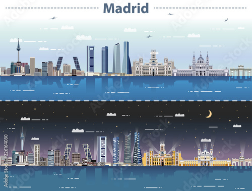 Madrid city skyline at day and night vector illustration