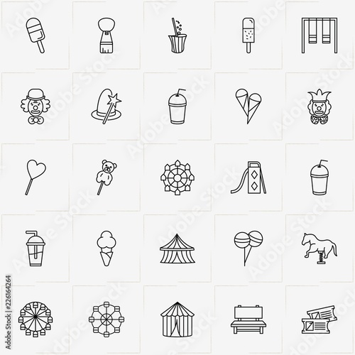 Amusement Park line icon set with ice cream, bench and ferris wheel