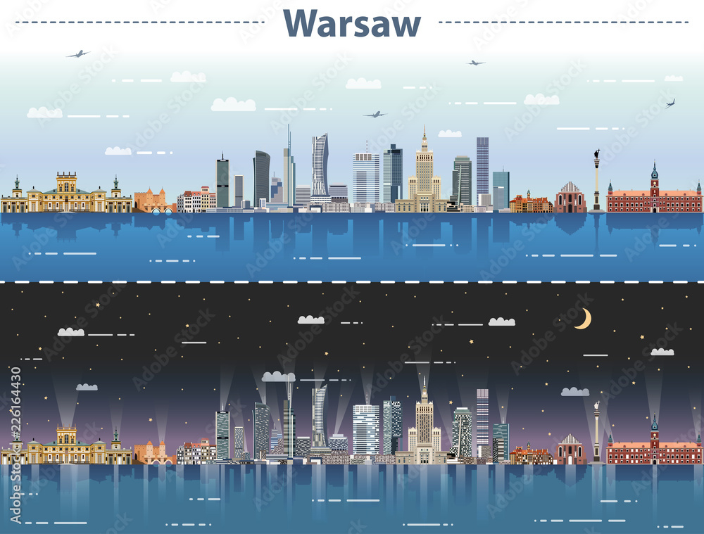 Obraz premium ilustracja wektorowa panoramę miasta Warszawy w dzień iw nocy