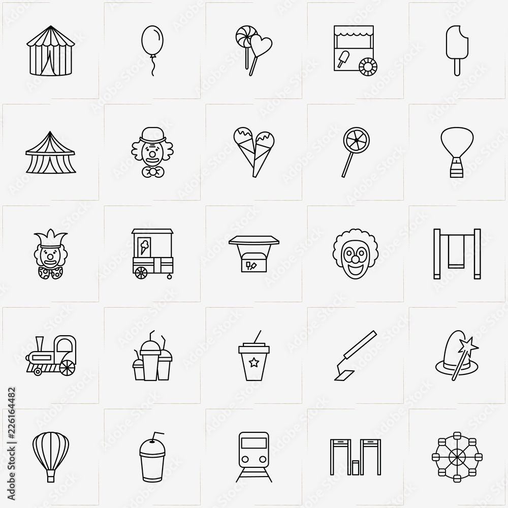 Amusement Park line icon set with magic hat with stick, swing and circus tent Amusement Park line icon set with magic hat with stick, swing and circus tent