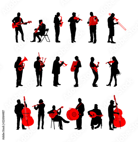 Big set of musician with music instrument silhouette. Guitar player, contrabass, violin, accordion, flutist, saxophone, bagpiper, clarinet, double bass, trumpet, bugler, drummer, cello, cellist artist