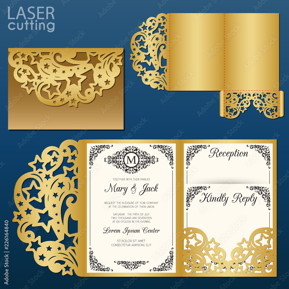 Laser cut wedding invitation card template vector. Tri fold Within Three Fold Card Template