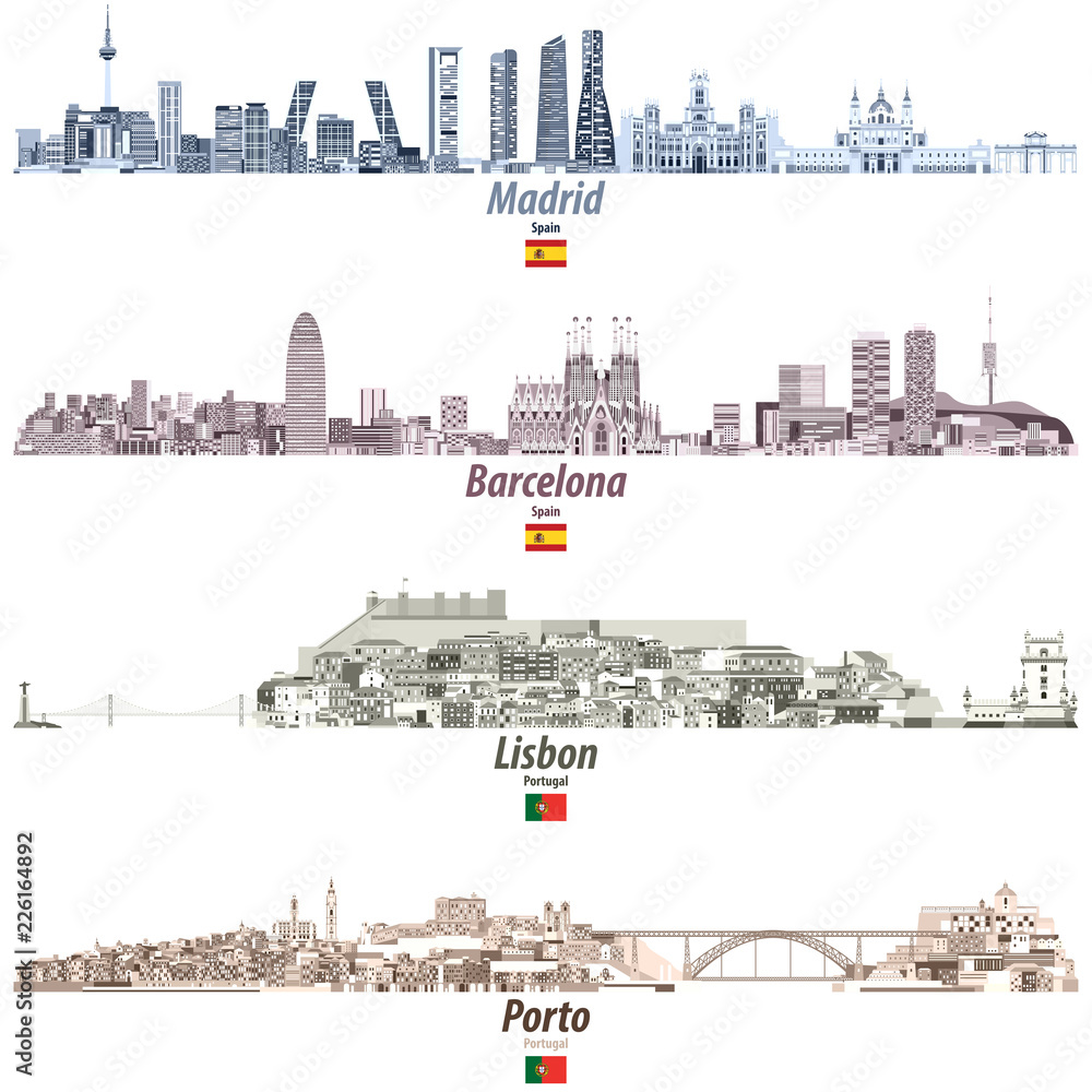 Naklejka premium ilustracji wektorowych z Madrytu, Barcelony, Lizbony i Porto abstrakcyjne panoramy miast w jaskrawej palecie kolorów