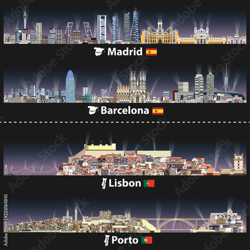 Madrid, Barcelona, Lisbon and Porto cities skylines at night with bright lights. Maps and flags of Spain and Portugal. Vector illustrations
