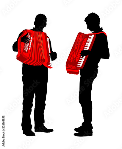 Musician accordion man duet vector silhouette Illustration isolated on white background. Music event on the public. Street performer amusement public. Music artist. Jazz man. 