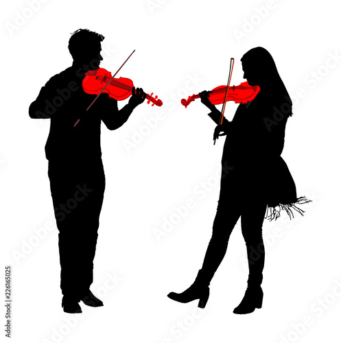 Young man and woman playing violin in duet vector silhouette isolated on white. Classic music performer concert. Musician artist amusement public. Virtuoso on violin. Girl plays string instrument.