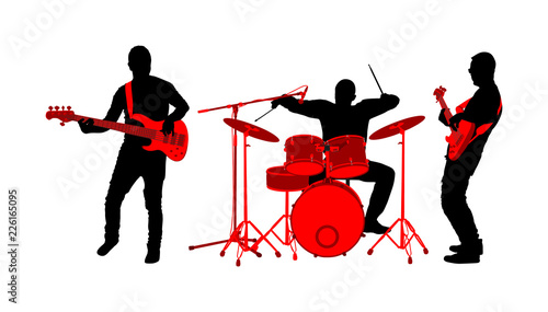 Rock and roll band vector silhouette illustration. Musician play bass guitar and drums on stage. Super star music concert show. Great event for fan supporters. Drummer and guitarists players.