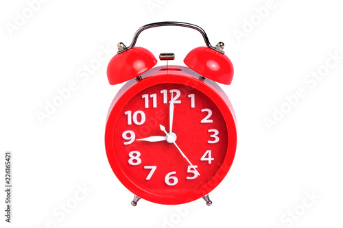 Red clock isolated on white background with clipping path.