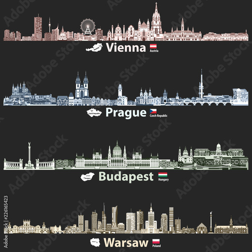 Vienna, Prague, Budapest and Warsaw cities skylines at night. Vector illustrations