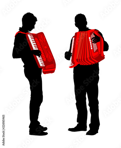 Musician accordion man duet vector silhouette Illustration isolated on white background. Music event on the public. Street performer amusement public. Music artist. Jazz man. 