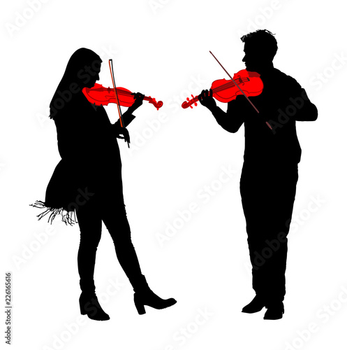 Young man and woman playing violin in duet vector silhouette isolated on white. Classic music performer concert. Musician artist amusement public. Virtuoso on violin. Girl plays string instrument.